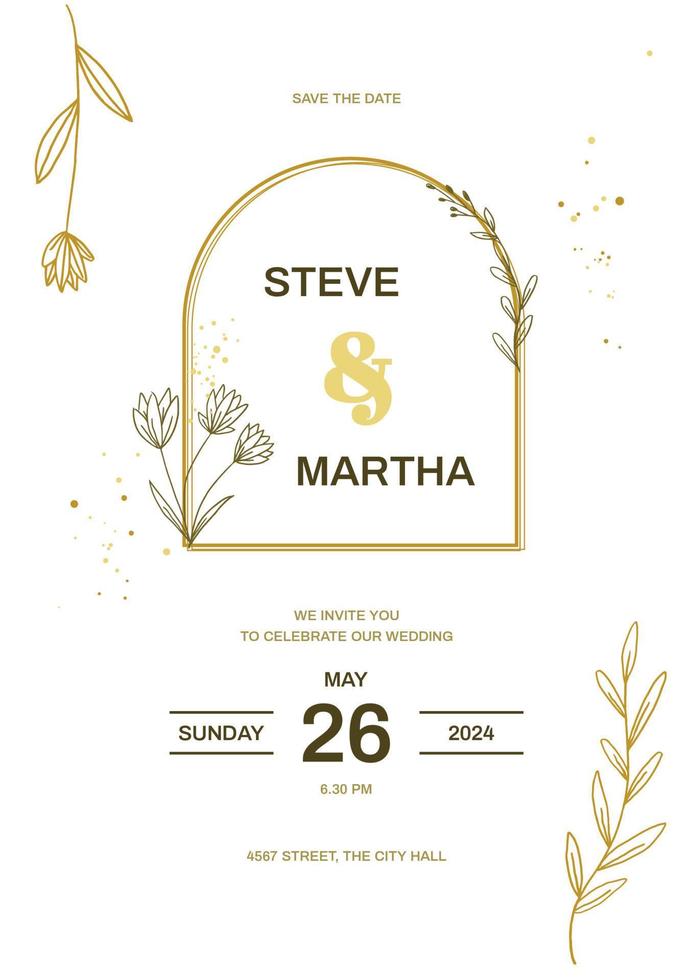 Minimalist wedding invitation template with gold hand drawn floral vector