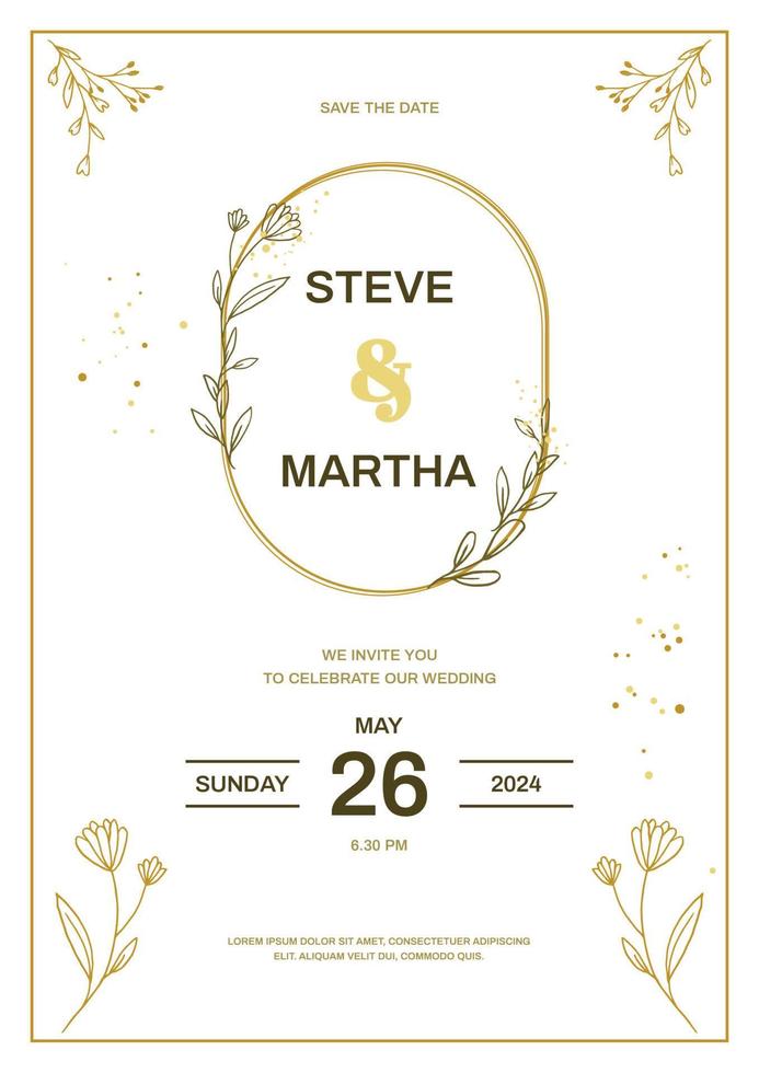 Minimalist wedding invitation template with gold hand drawn floral vector