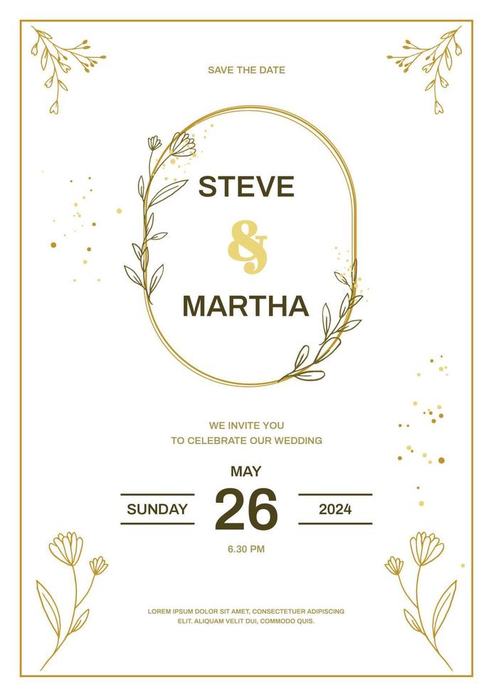 minimalista Boda invitación modelo con oro mano dibujado floral vector