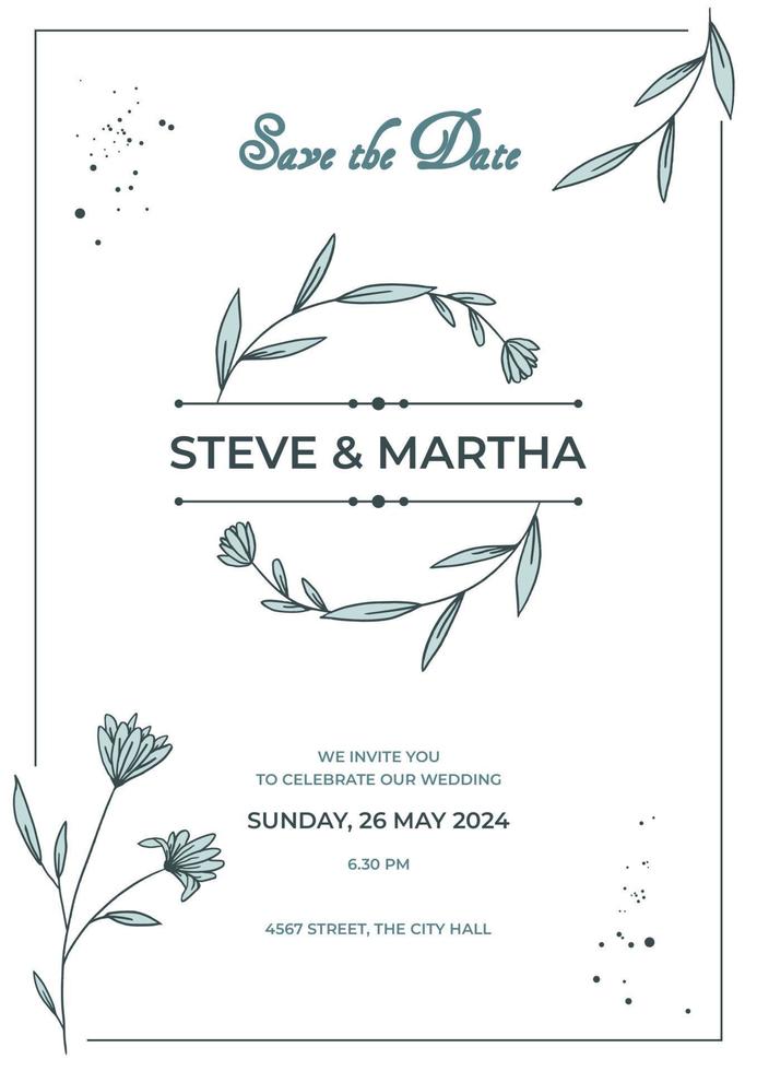 Floral wedding invitation template organic hand drawn leaves decoration vector