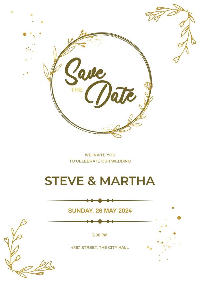 Minimalist wedding invitation template with gold hand drawn floral vector