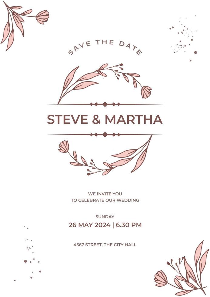 Floral wedding invitation template organic hand drawn leaves decoration vector