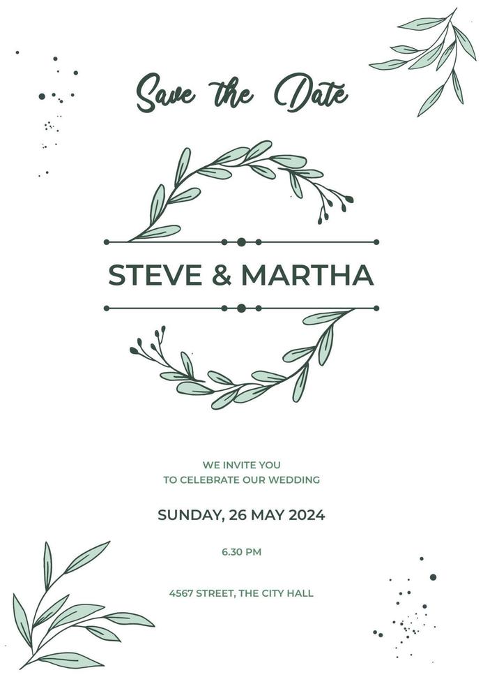 Floral wedding invitation template organic hand drawn leaves decoration vector