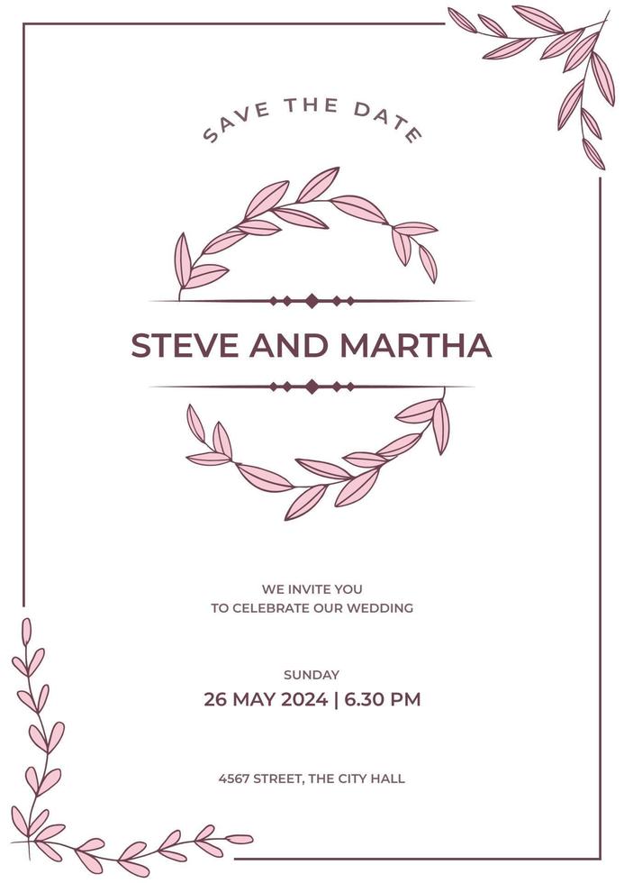 Floral wedding invitation template organic hand drawn leaves decoration vector