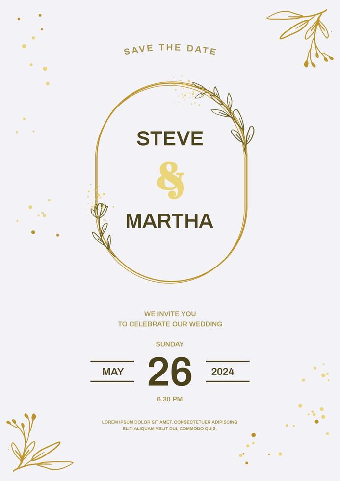 Minimalist wedding invitation template with gold hand drawn floral vector