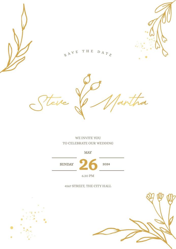 Minimalist wedding invitation template with gold hand drawn floral vector