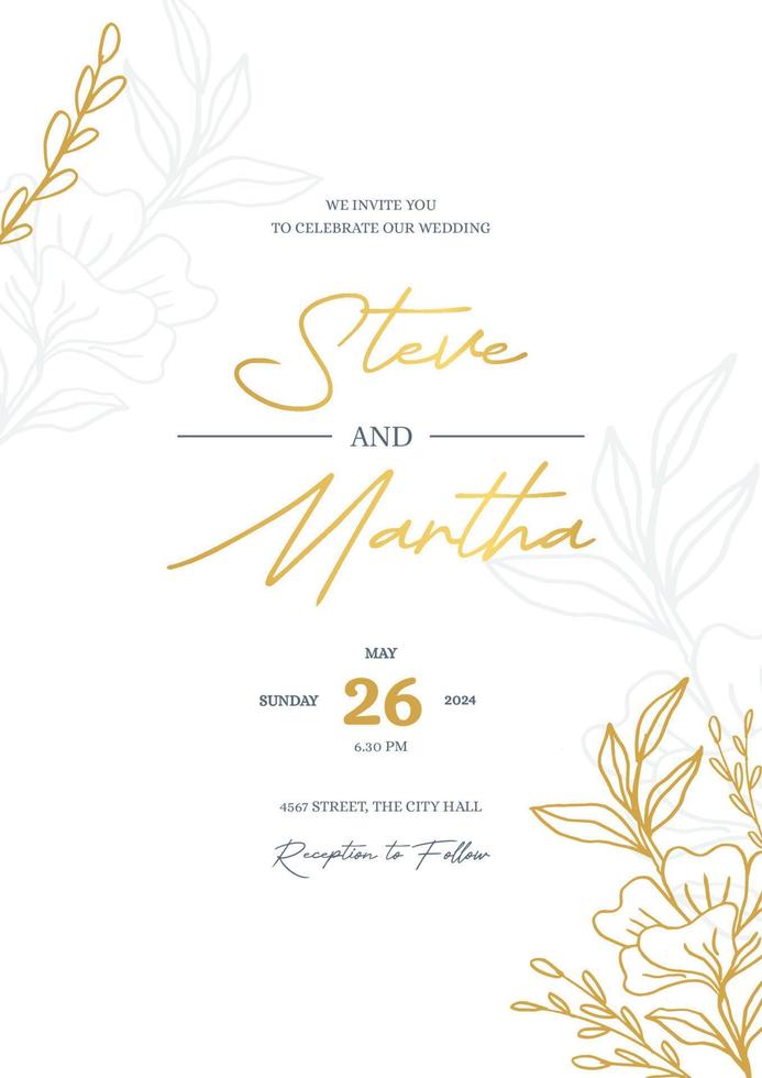 Minimalist wedding invitation template with gold hand drawn floral vector