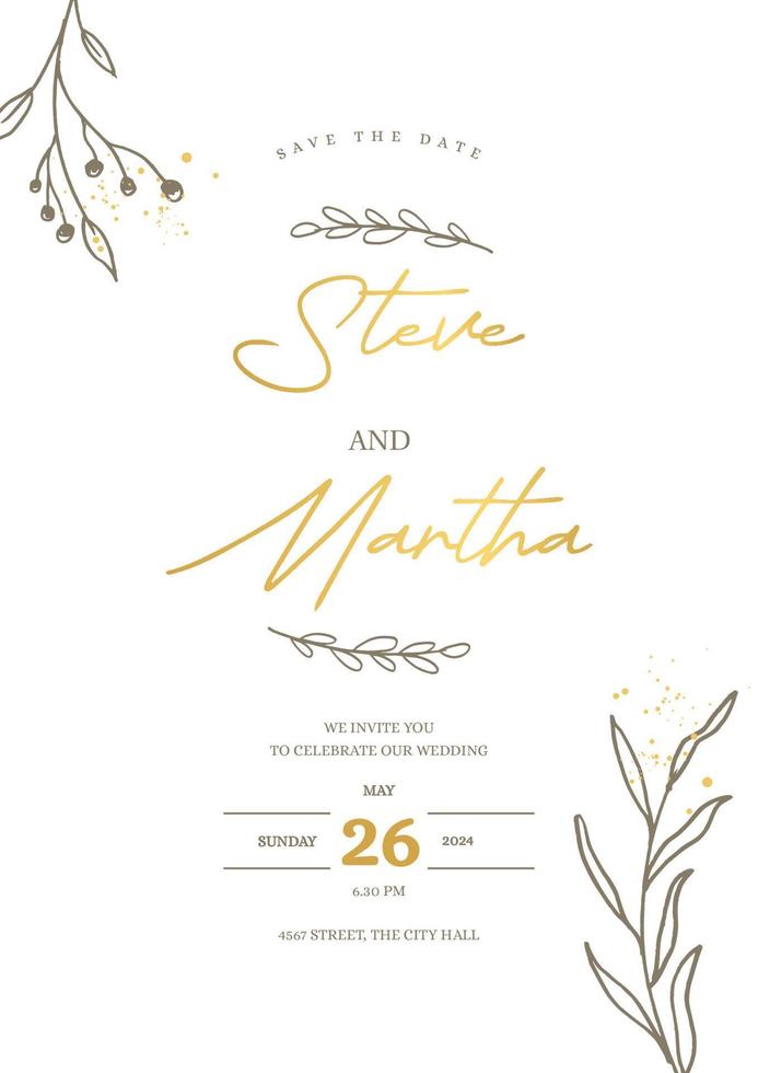 Minimalist wedding invitation template with gold hand drawn floral vector