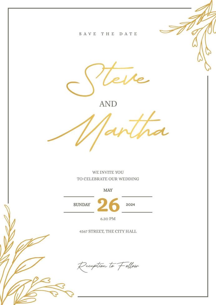 Minimalist wedding invitation template with gold hand drawn floral vector