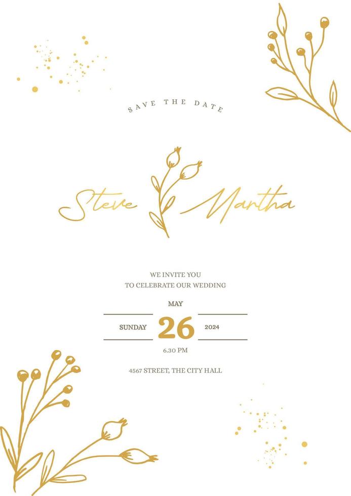 Minimalist wedding invitation template with gold hand drawn floral vector