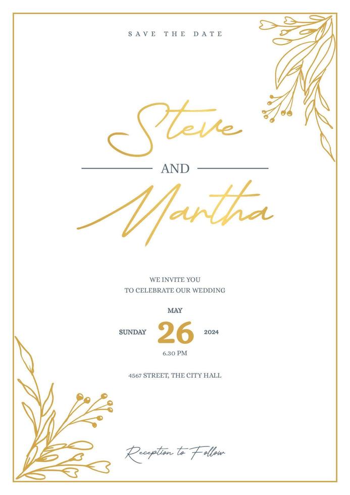 Minimalist wedding invitation template with gold hand drawn floral vector