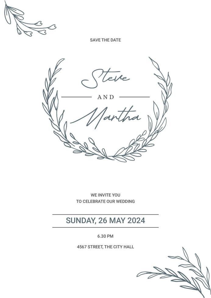 Floral wedding invitation template organic hand drawn leaves decoration vector