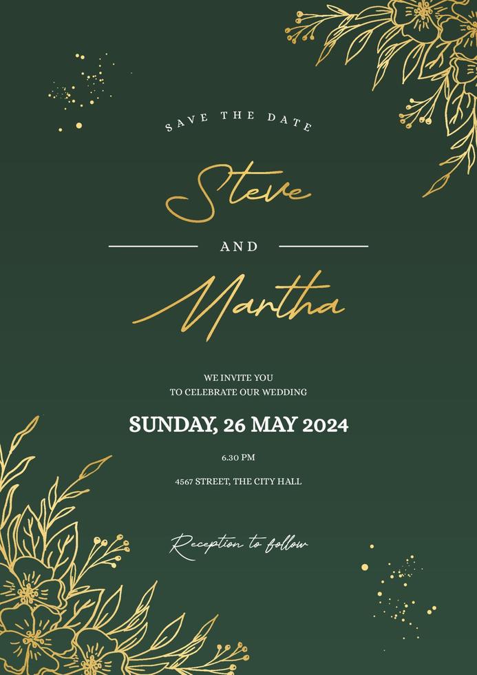 Minimalist wedding invitation template with gold hand drawn floral vector