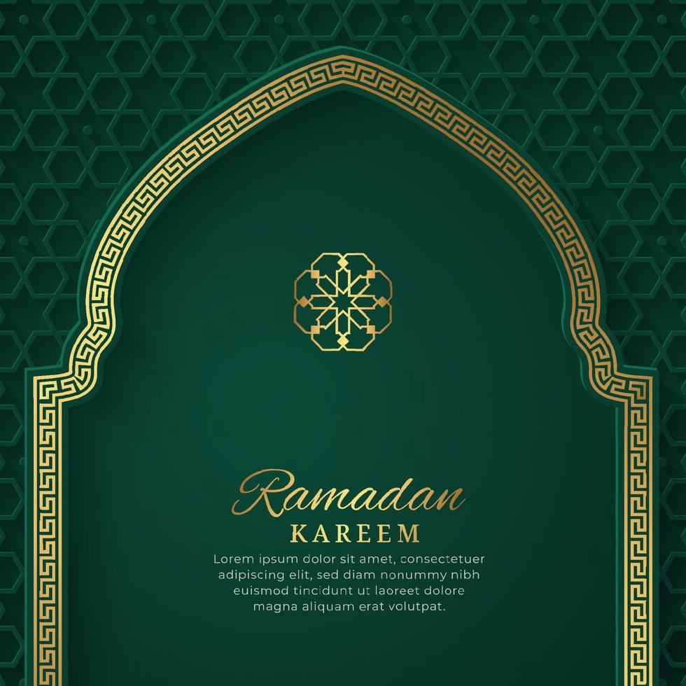 Ramadan Kareem Islamic Arch Green and Golden Luxury Ornamental Background with Islamic Pattern vector