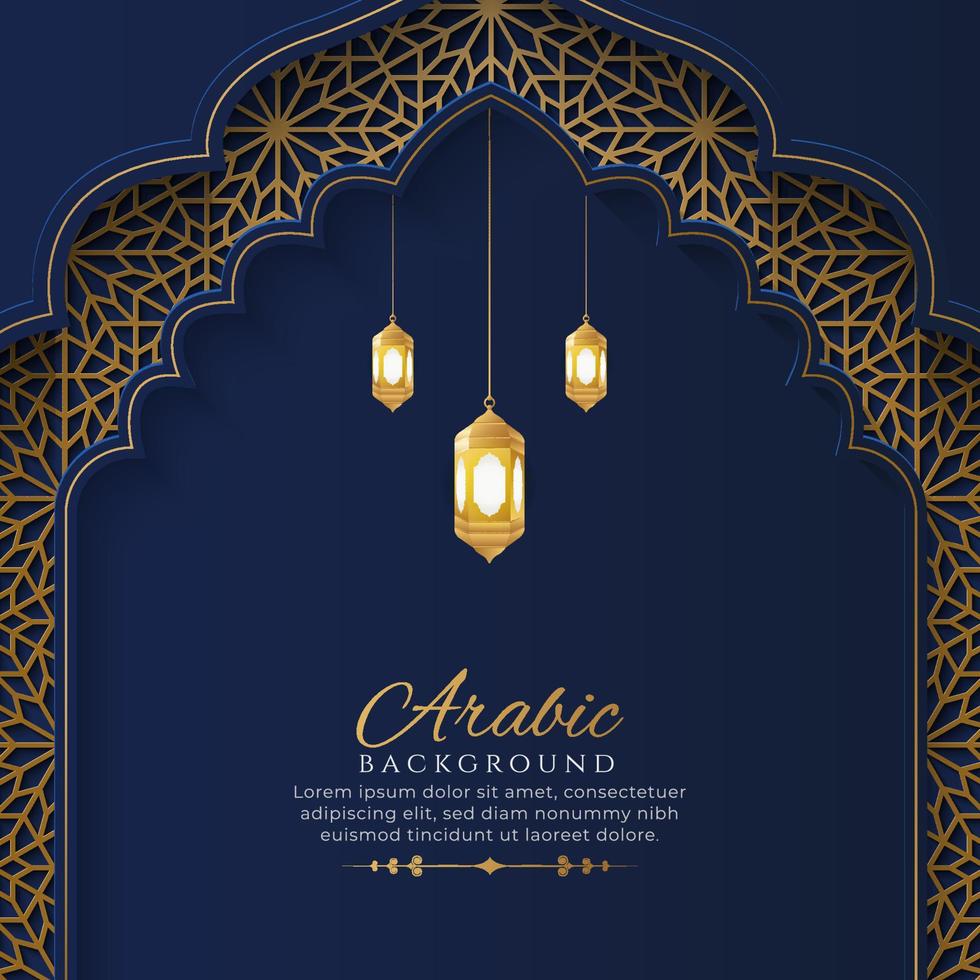 Arabic Islamic Arch Blue and Golden Luxury Ornamental Background with Islamic Pattern Frame vector