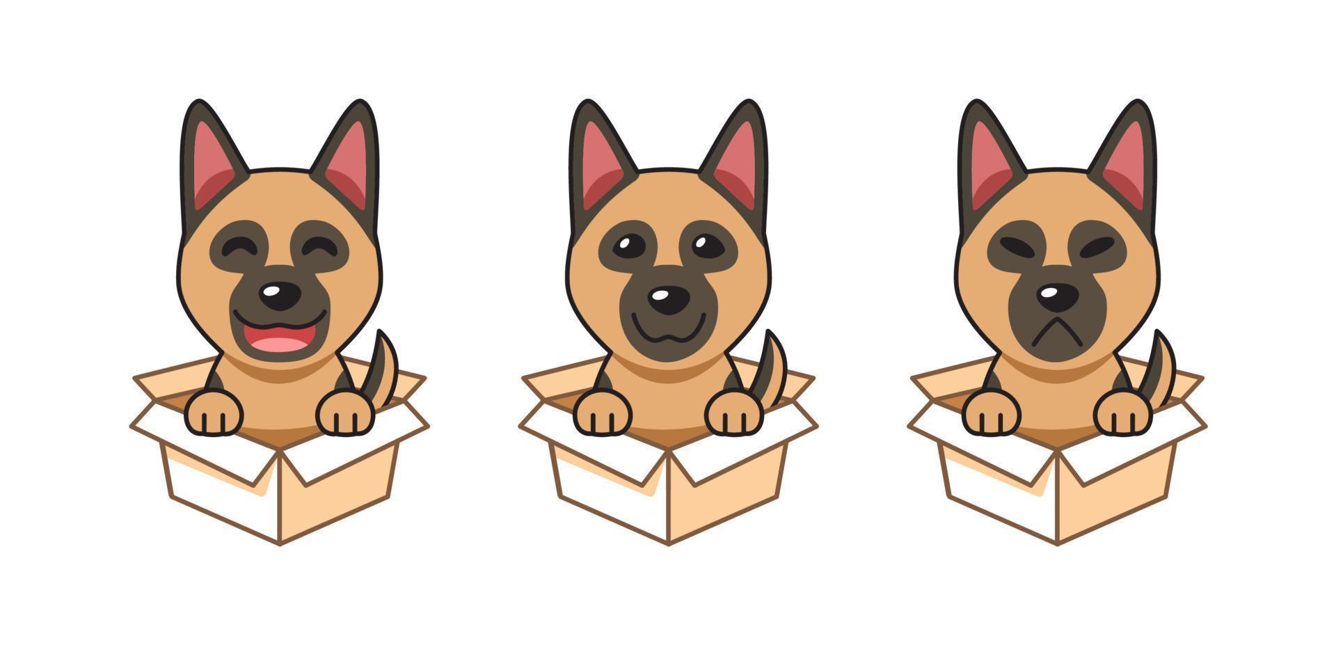 Vector cartoon illustration set of german shepherd dog showing different emotions in cardboard boxes