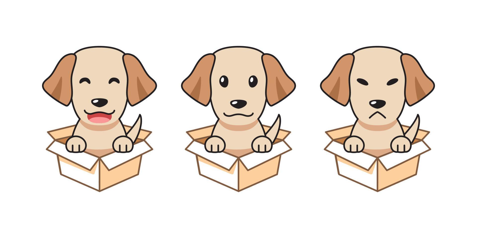 Vector cartoon illustration set of labrador retriever dog showing different emotions in cardboard boxes