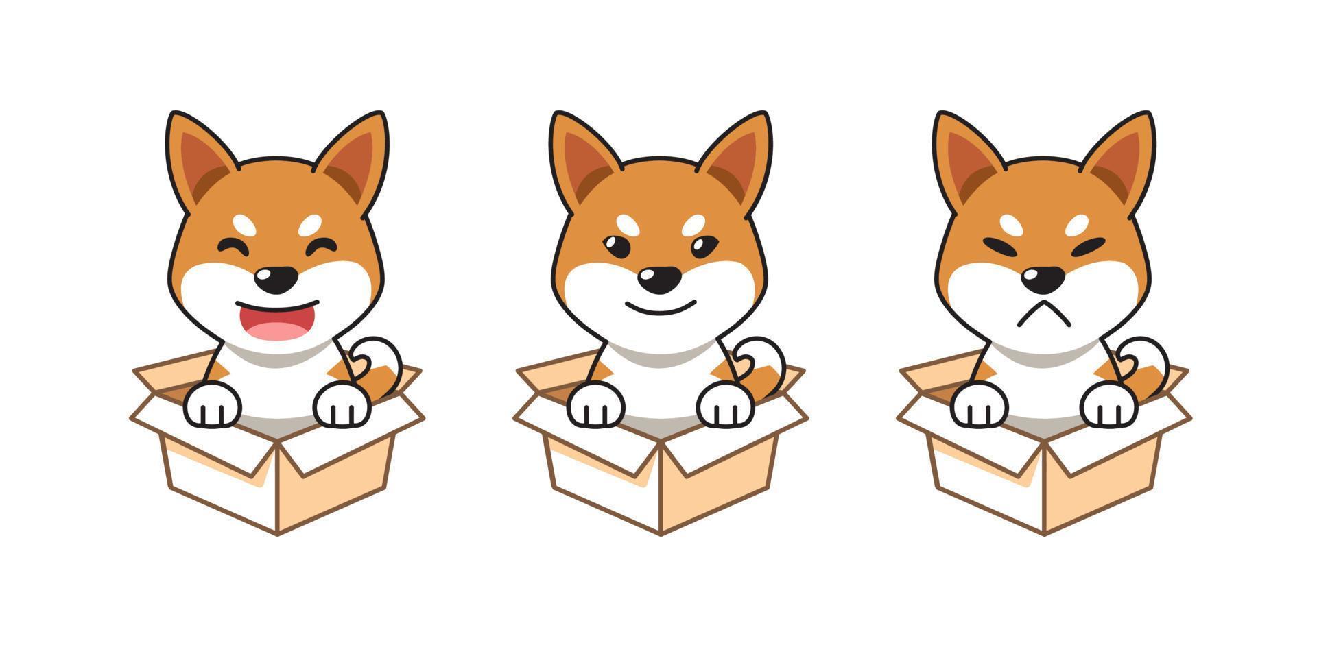 Vector cartoon illustration set of shiba inu dog showing different emotions in cardboard boxes