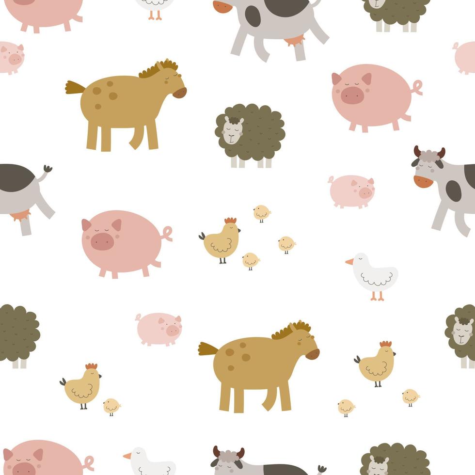 Seamless pattern with cartoon cow, sheep, horse, pig. Farm. Flat colorful vector for kids. hand drawing. animals. baby design for fabric, textile, wrapper, print.
