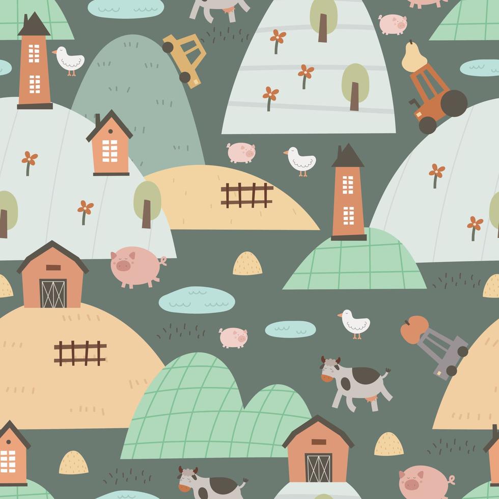 Seamless pattern with cartoon cow, pig, goose, house, decor elements. Farm. Flat colorful vector for kids. hand drawing. animals. baby design for fabric, textile, wrapper, print.