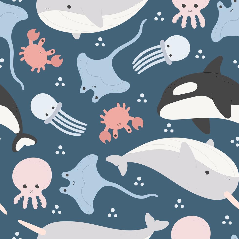 undersea seamless pattern with cartoon sea animals. Colorful vector flat for kids. hand drawing. baby design for fabric, print, wrapper, text