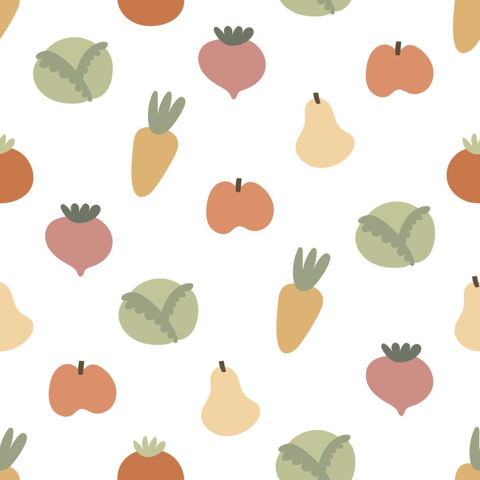 Seamless pattern with cartoon vegetables, fruits. colorful vector. hand drawing, flat style. design for fabric, print, textile, wrapper vector