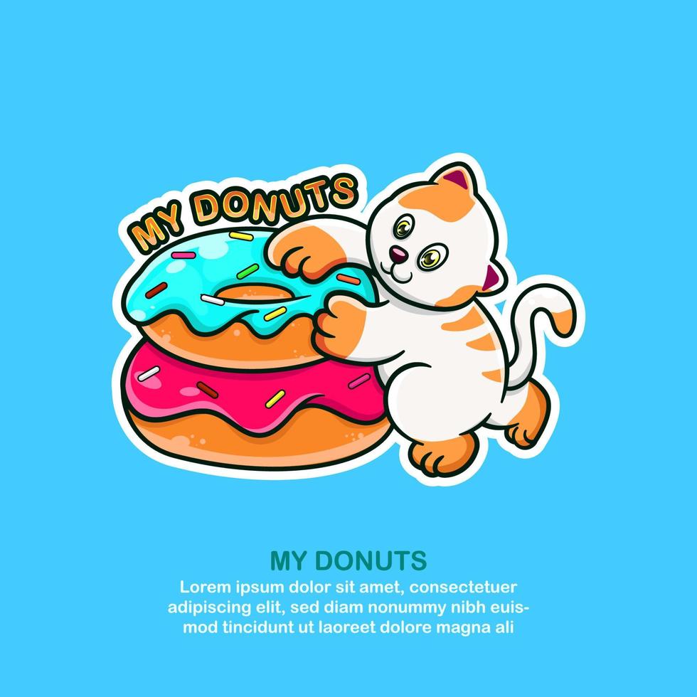 Cute cat mascot hugging donuts. Illustration of cat and donuts. vector