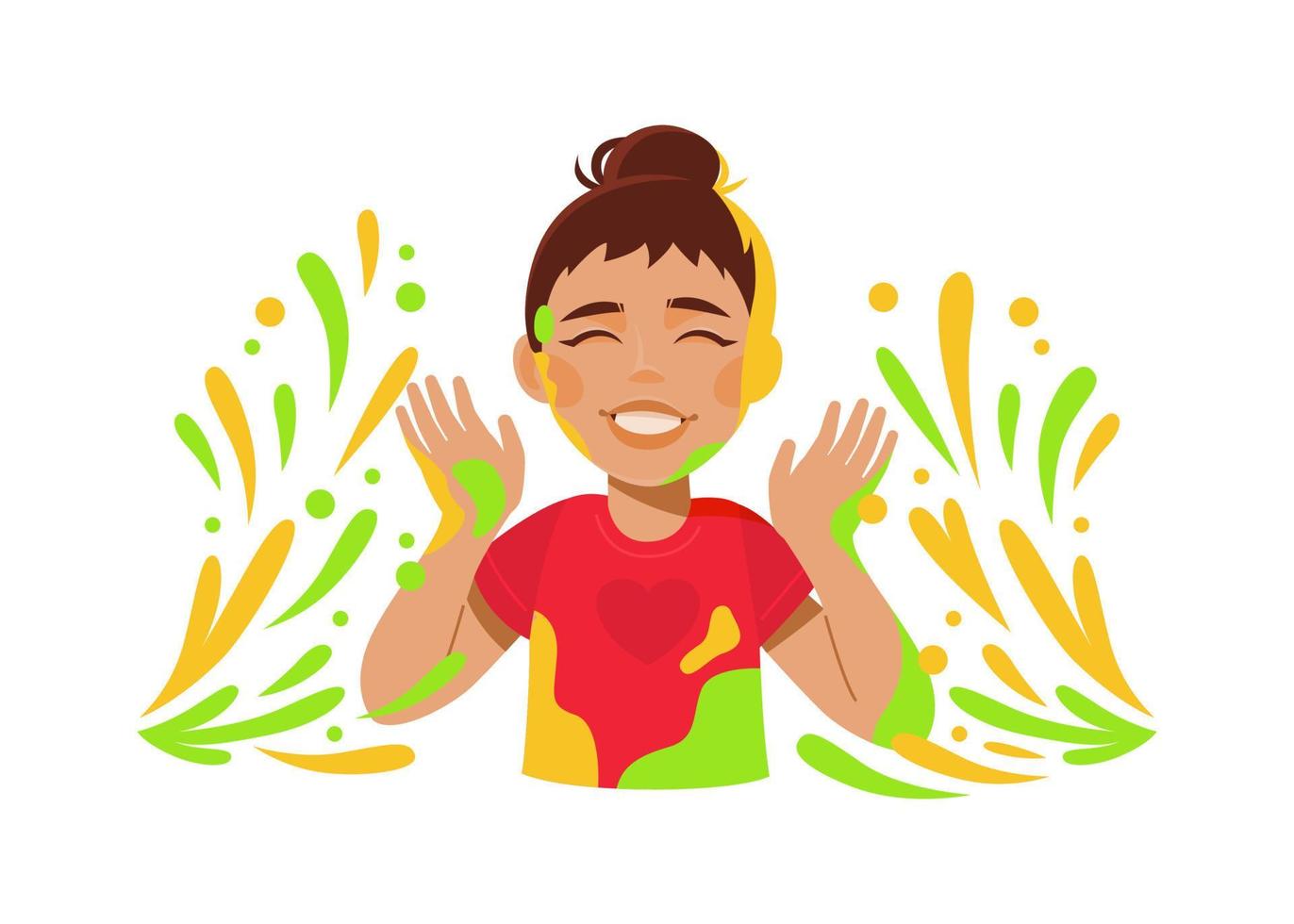 Girl with green and yellow color powder enjoying Dhulandi or Holi festival. vector