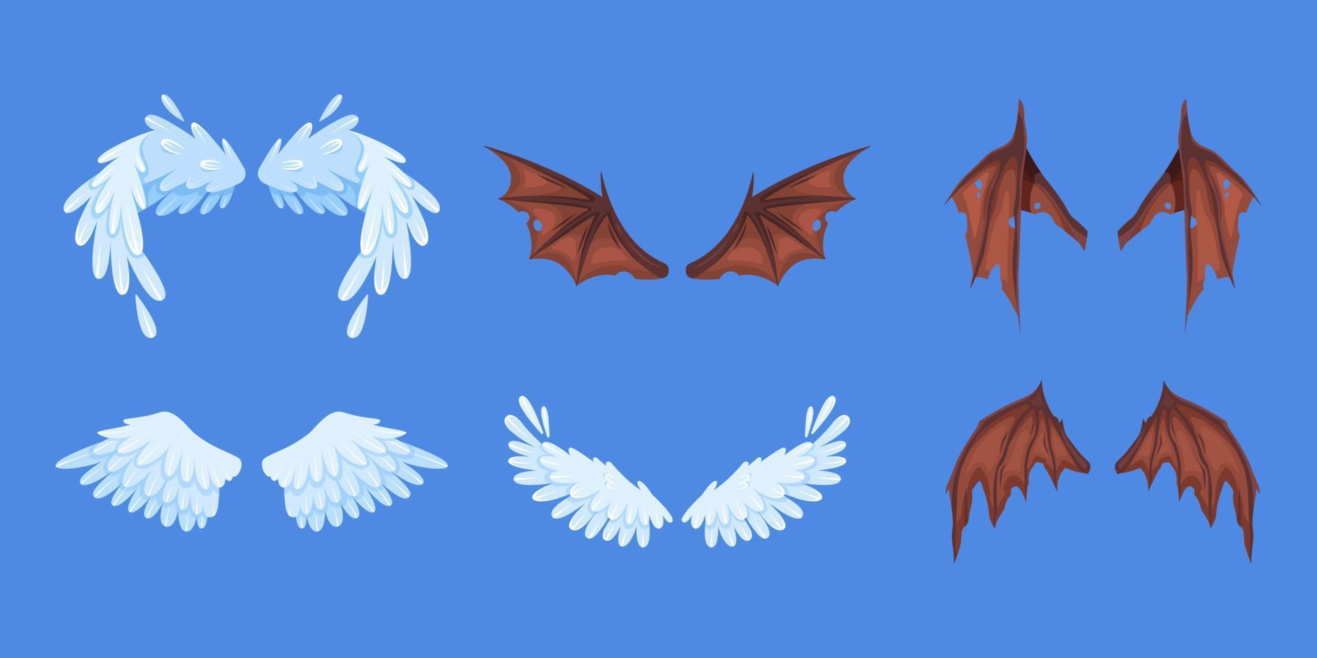 Wings of demon and angel. Dragon, bat, dove or vampire wing pairs. vector