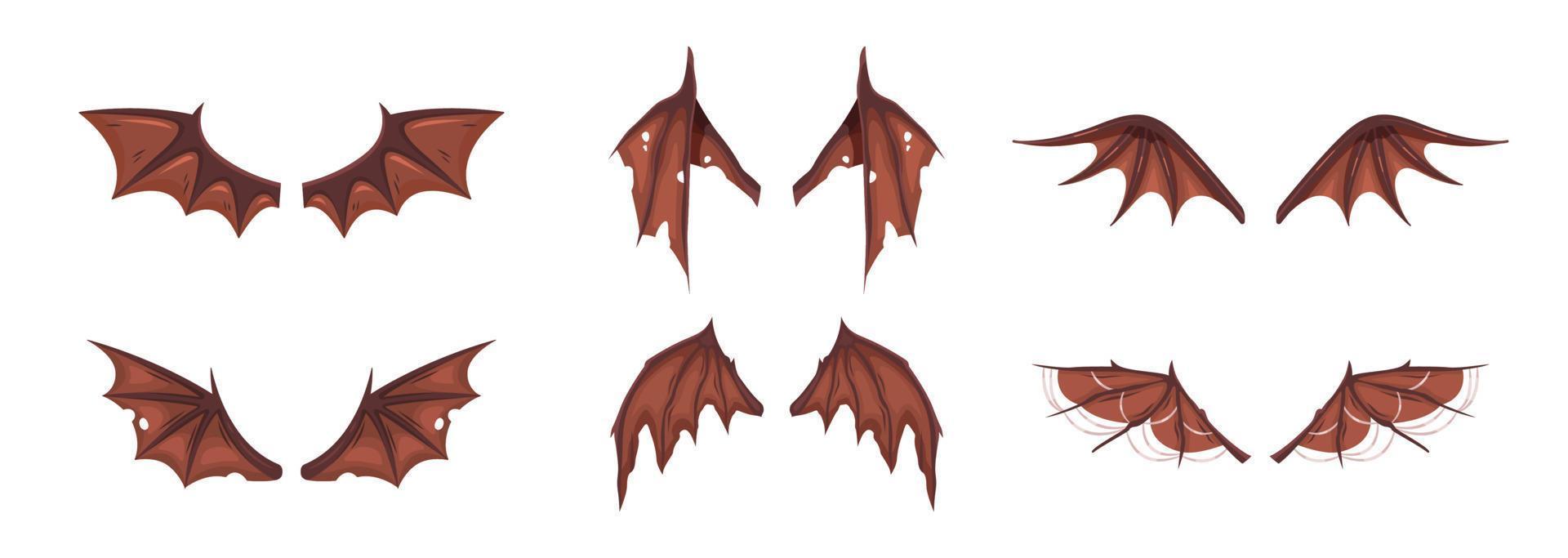 Set of demonic, dragons or bat wings. Flat cartoon vector illustration.
