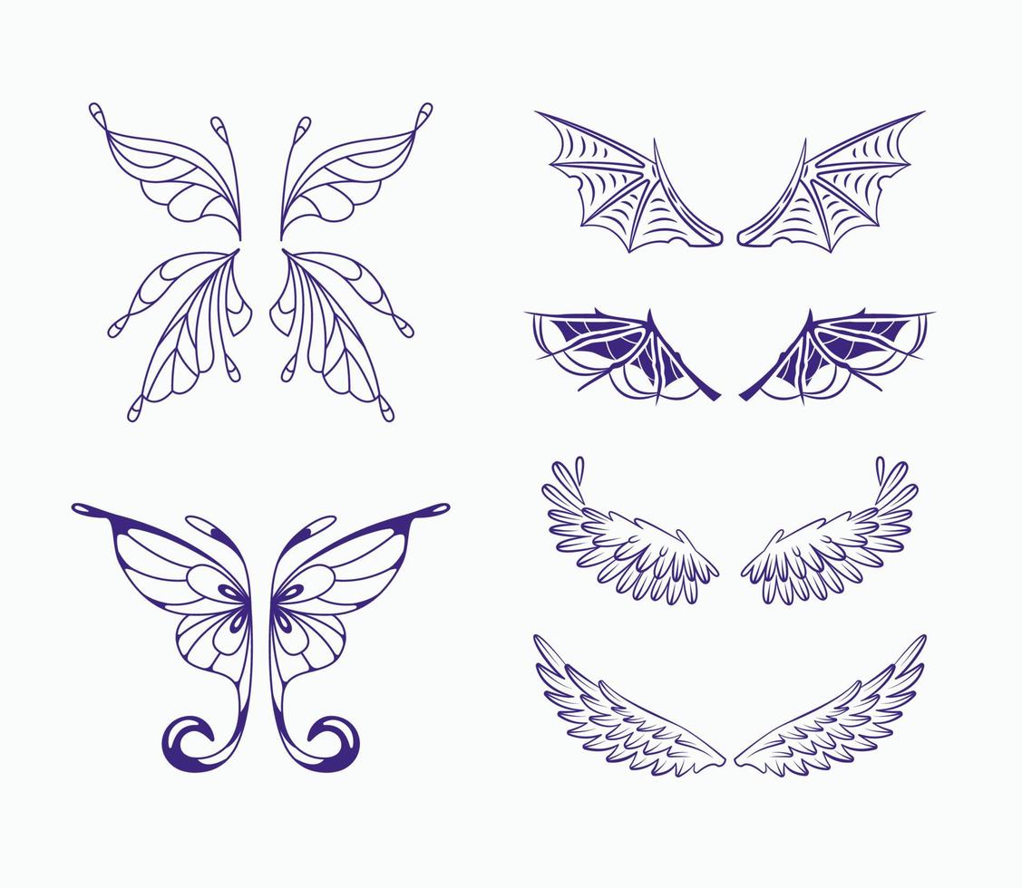 Set of fairy wings of angel, demon, bat and fairy. Linear vector