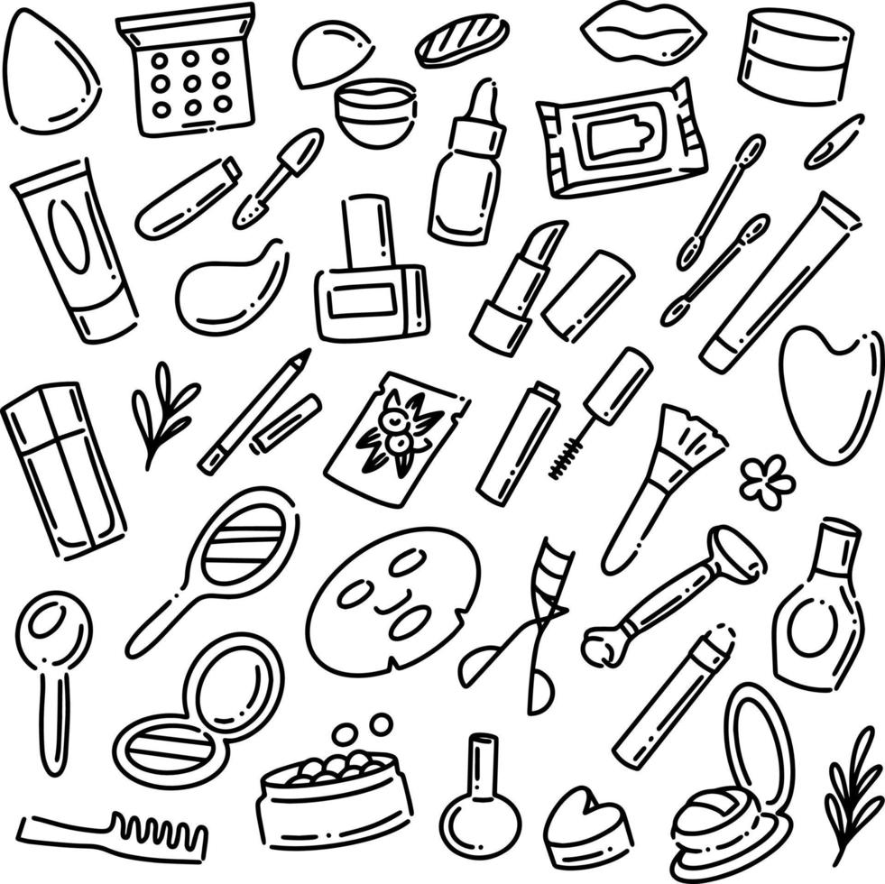 Cosmetic, makeup doodle icons hand drawn vector illustration sketch.