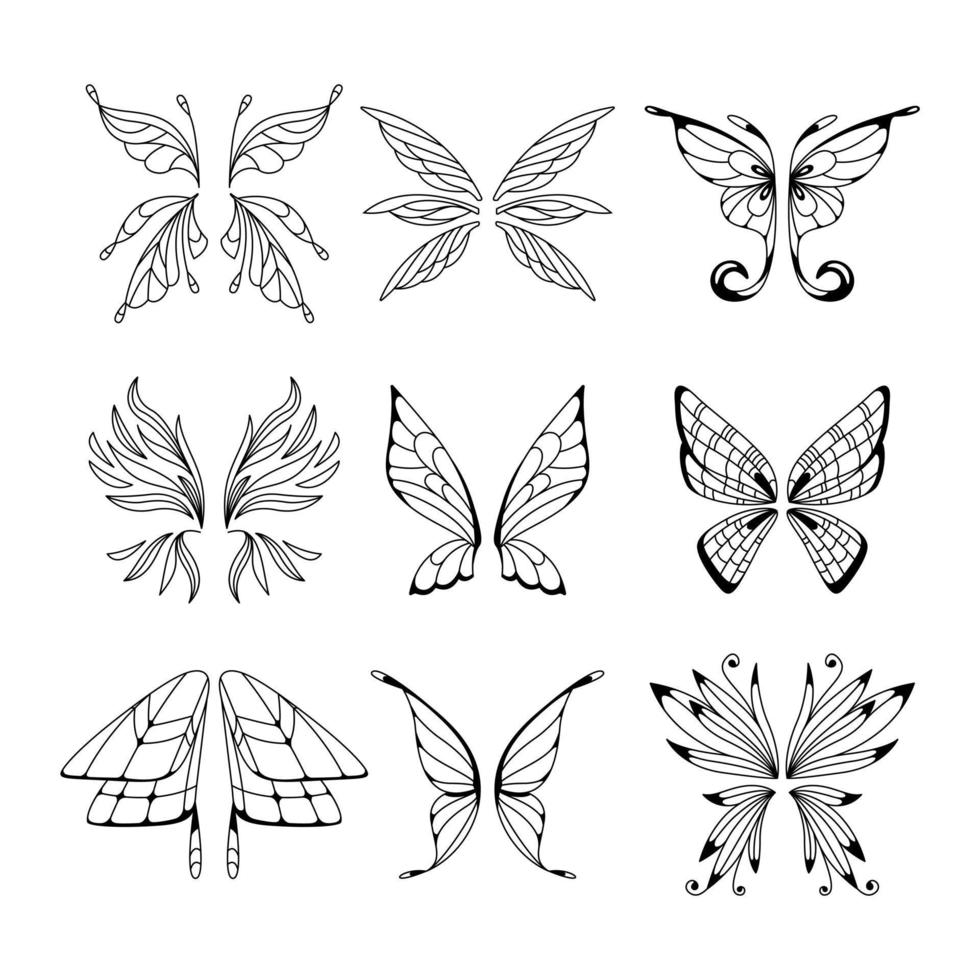 conjunto de contornos hada o insecto alas en un blanco antecedentes vector