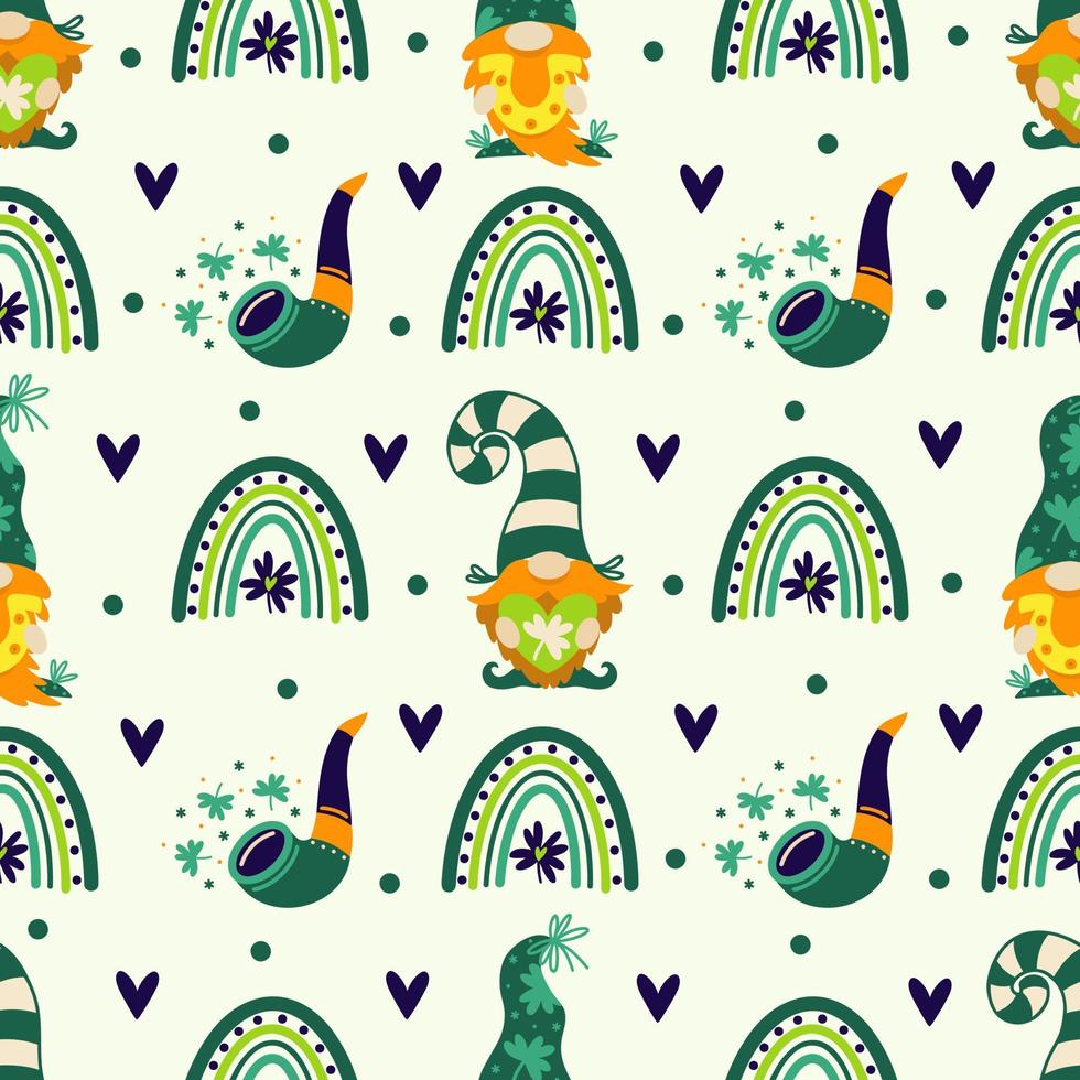 St. Patrick's Day seamless vector pattern. Holiday symbols - cute gnomes with a horseshoe and a heart, leprechaun's smoking pipe, rainbow, clover leaf for good luck. Flat cartoon background for card