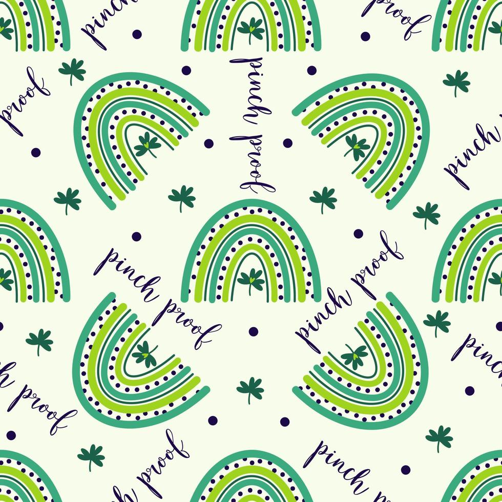 St Patrick's Day seamless vector pattern. Cute rainbow and shamrock for good luck. Clover leaf, symbol of the Irish holiday. Pinch proof. Flat cartoon background for baby wallpapers, posters, cards