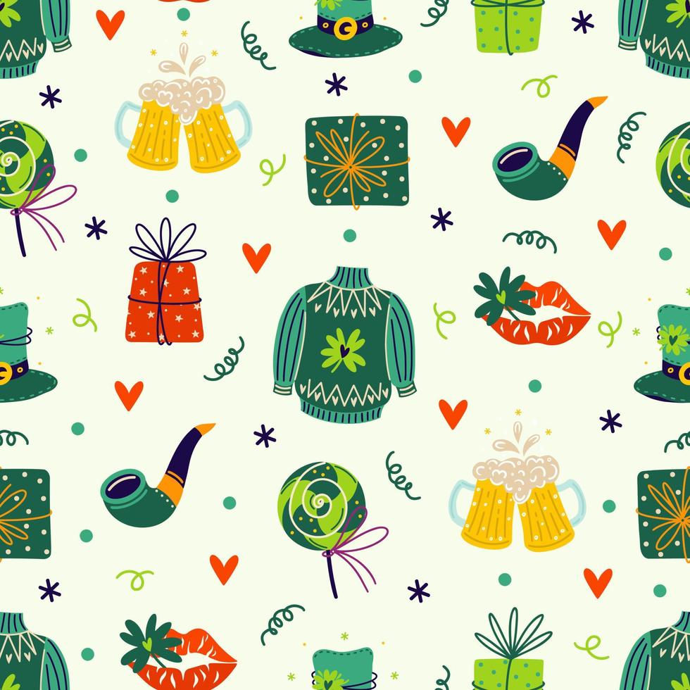 St. Patrick's Day seamless vector pattern. Irish holiday symbols - sweater with clover leaf, green lollipop, gifts, beer, smoking pipe, leprechaun top hat. Flat cartoon background for posters, cards