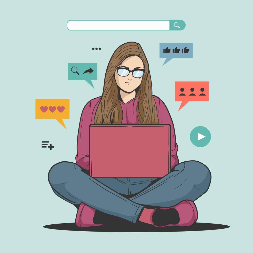 woman working on laptop while sitting on the floor. vector