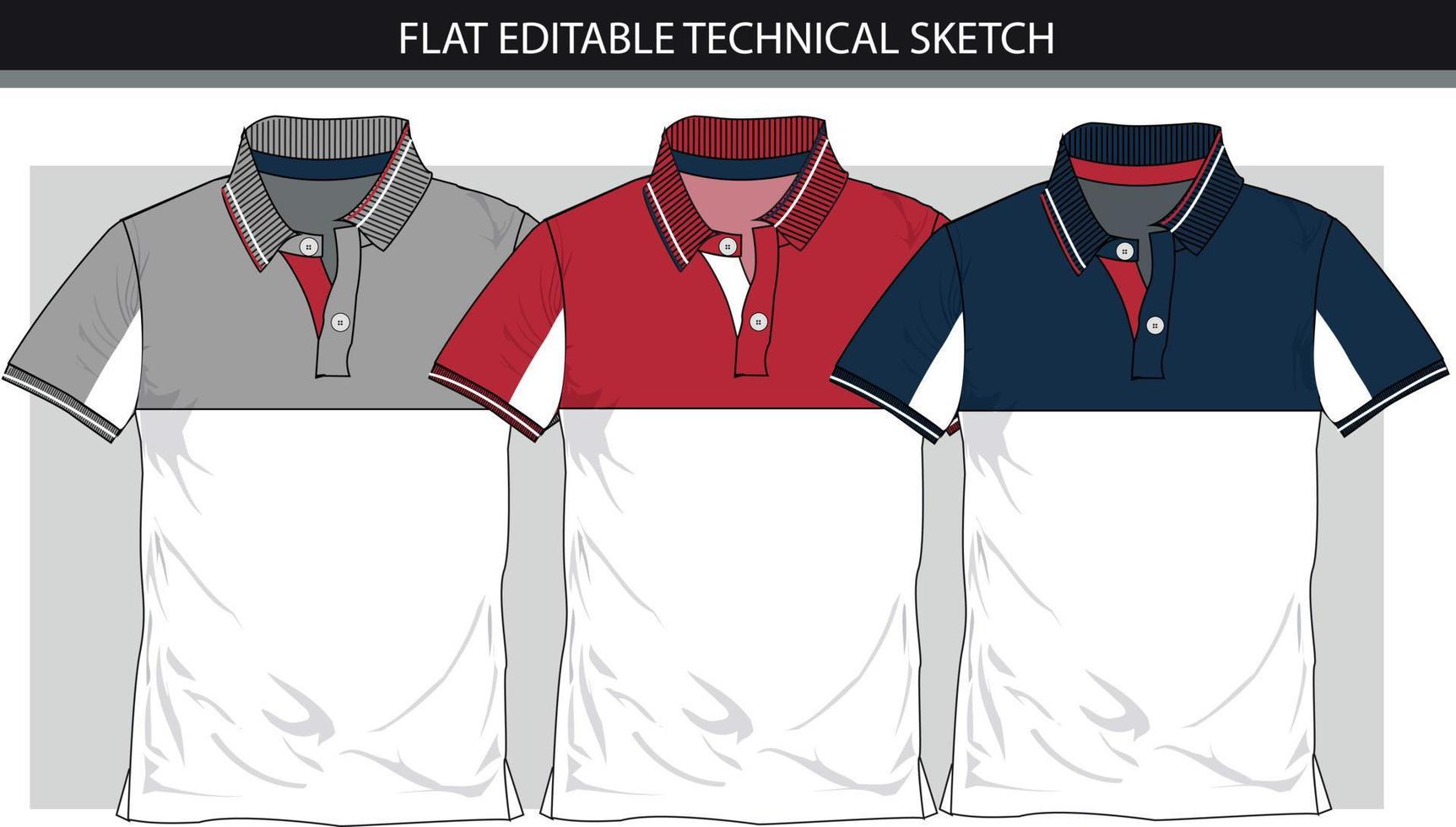 A set of polo shirts with coloured block flat editable technical sketches vector file