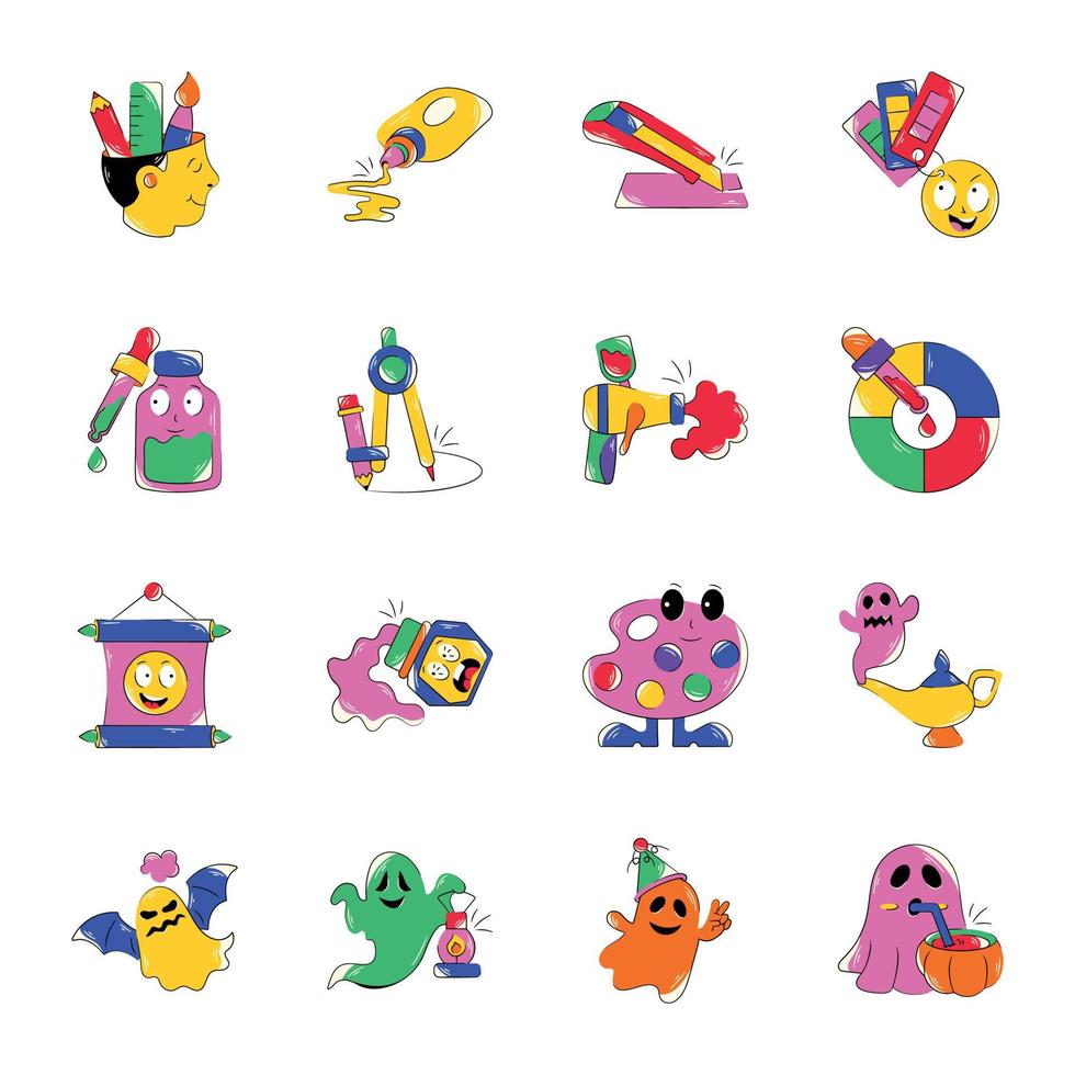 Cool Set of Premium Artwork and Halloween Flat Stickers vector