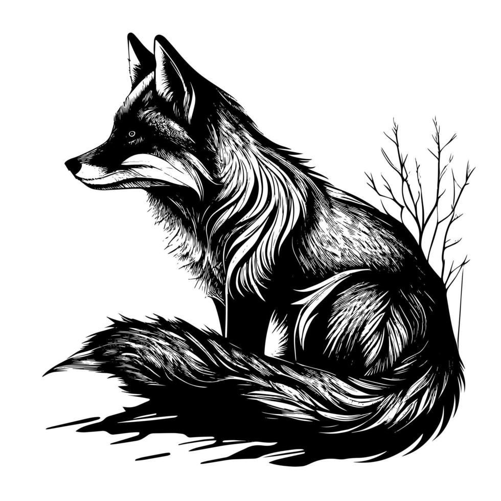 Black and white vector illustration of a fox sitting on the ground.