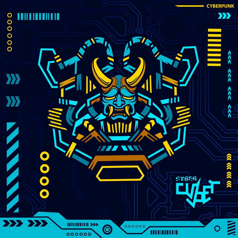 Modern artificial samurai ninja head cyberpunk design with dark background. Abstract technology vector illustration.