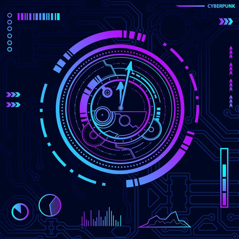 Digital screen clock cyberpunk technology design with dark background. Abstract vector illustration.