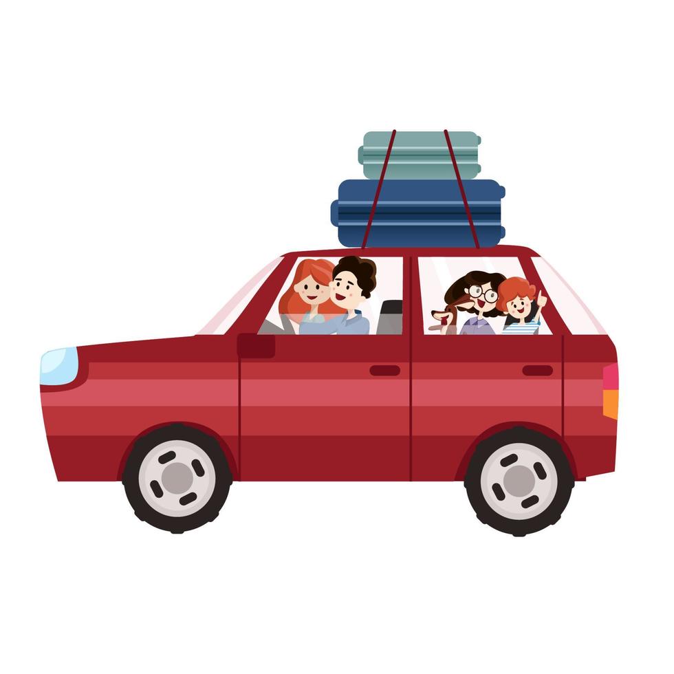 Family trip. Father, mother and children traveling by car. Vector illustration of a flat design