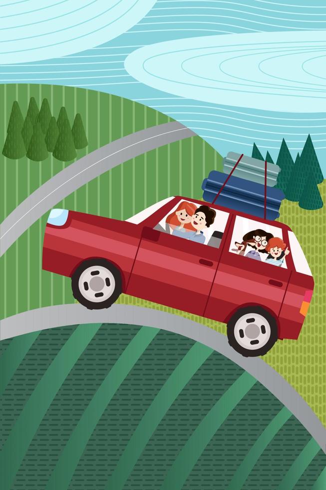 Family trip. Father, mother and children traveling by car on the background of a beautiful mountain landscape. Vector illustration of a flat design