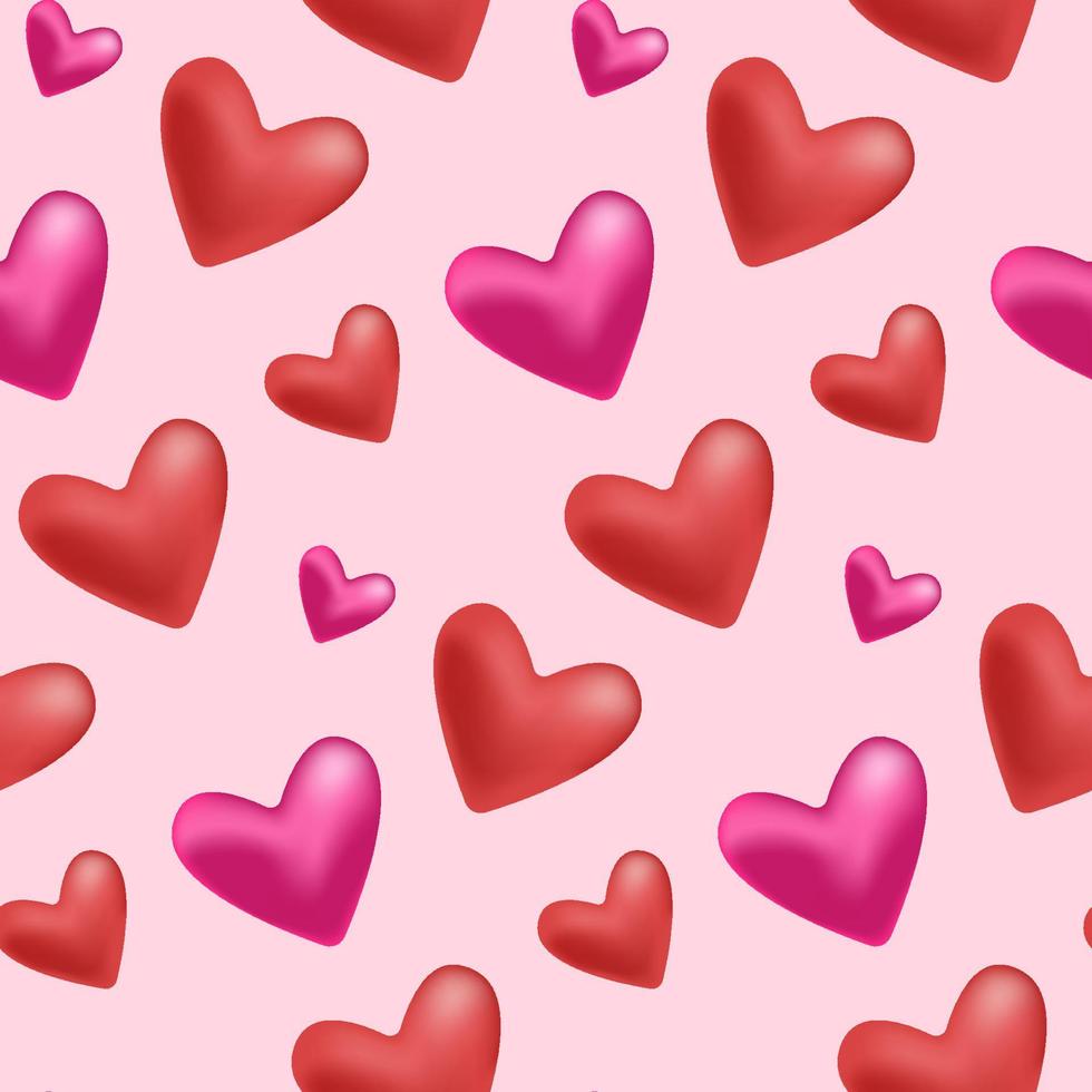 Realistic Scattered Pink 3D Heart Vector Seamless Border. Various Patterned Three Dimensional Shiny Rounded Heart Isolated On White Background. Assorted Hearts Love