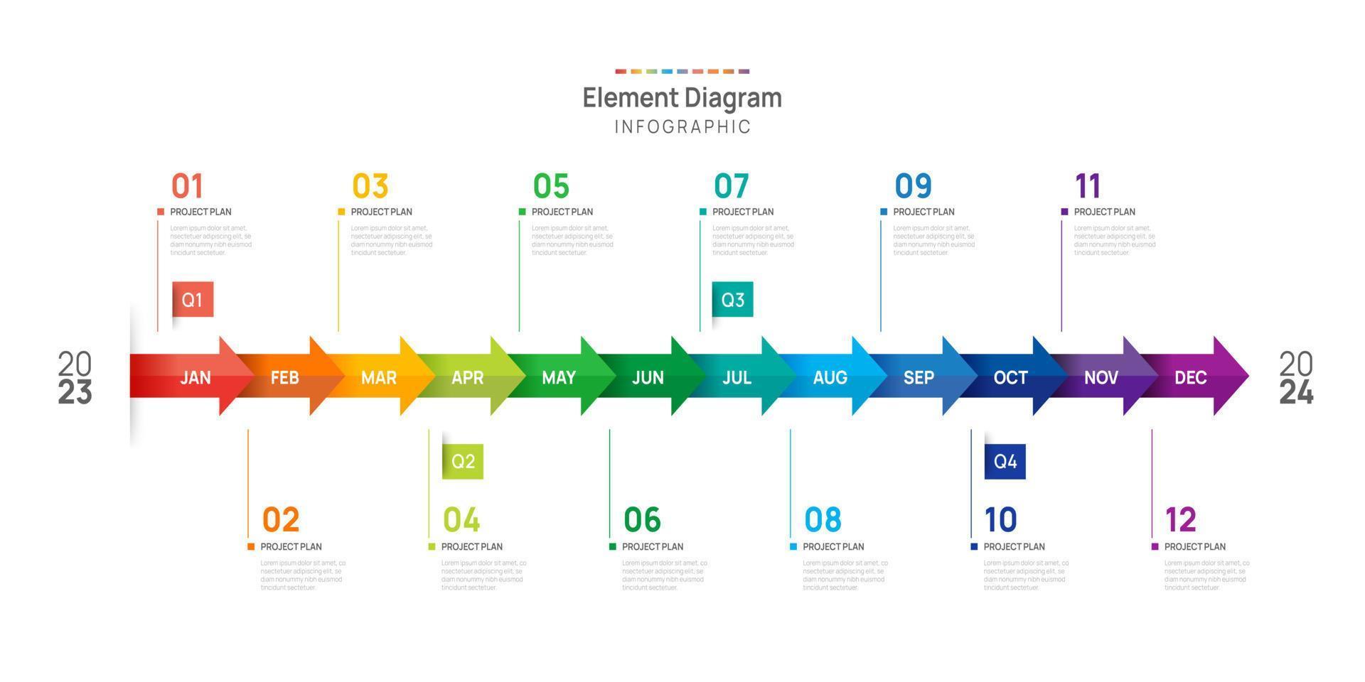 Infographic Arrow template for business. 12 Months modern Timeline element diagram calendar, 4 quarter milestone presentation vector infographic.