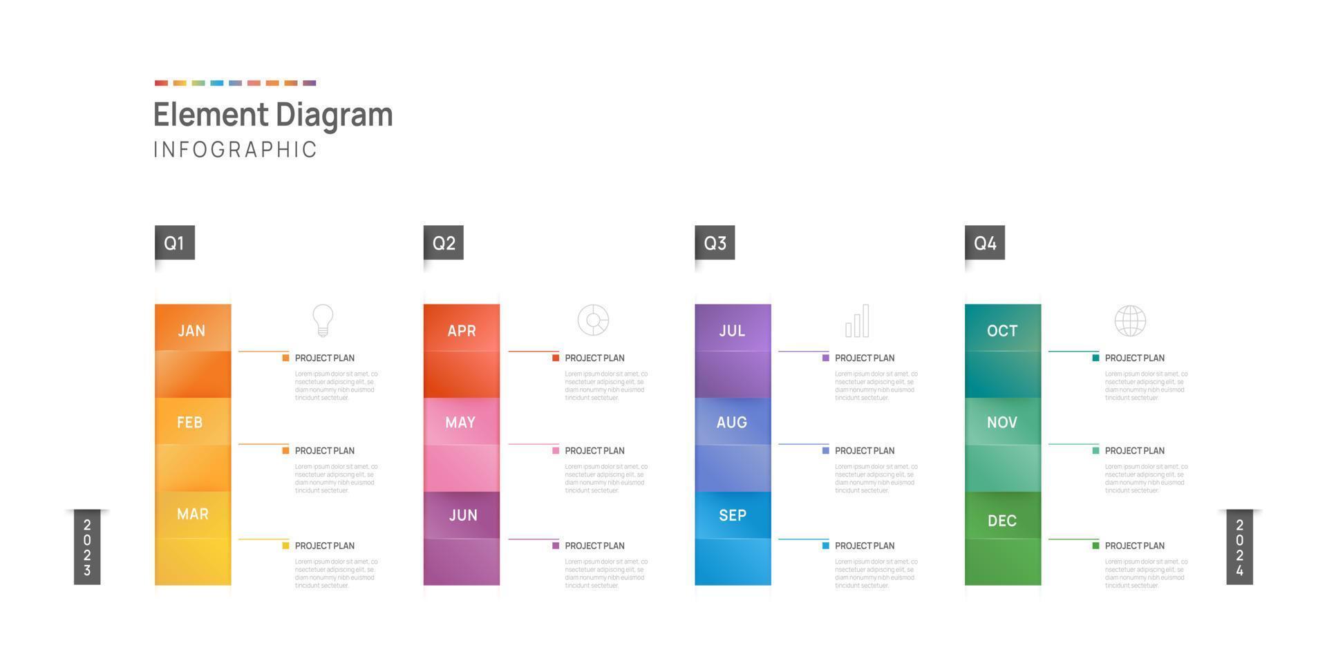 infografía modelo para negocio. 12 meses moderno cronograma elemento diagrama calendario, 4 4 trimestre pasos hito presentación vector infografía.