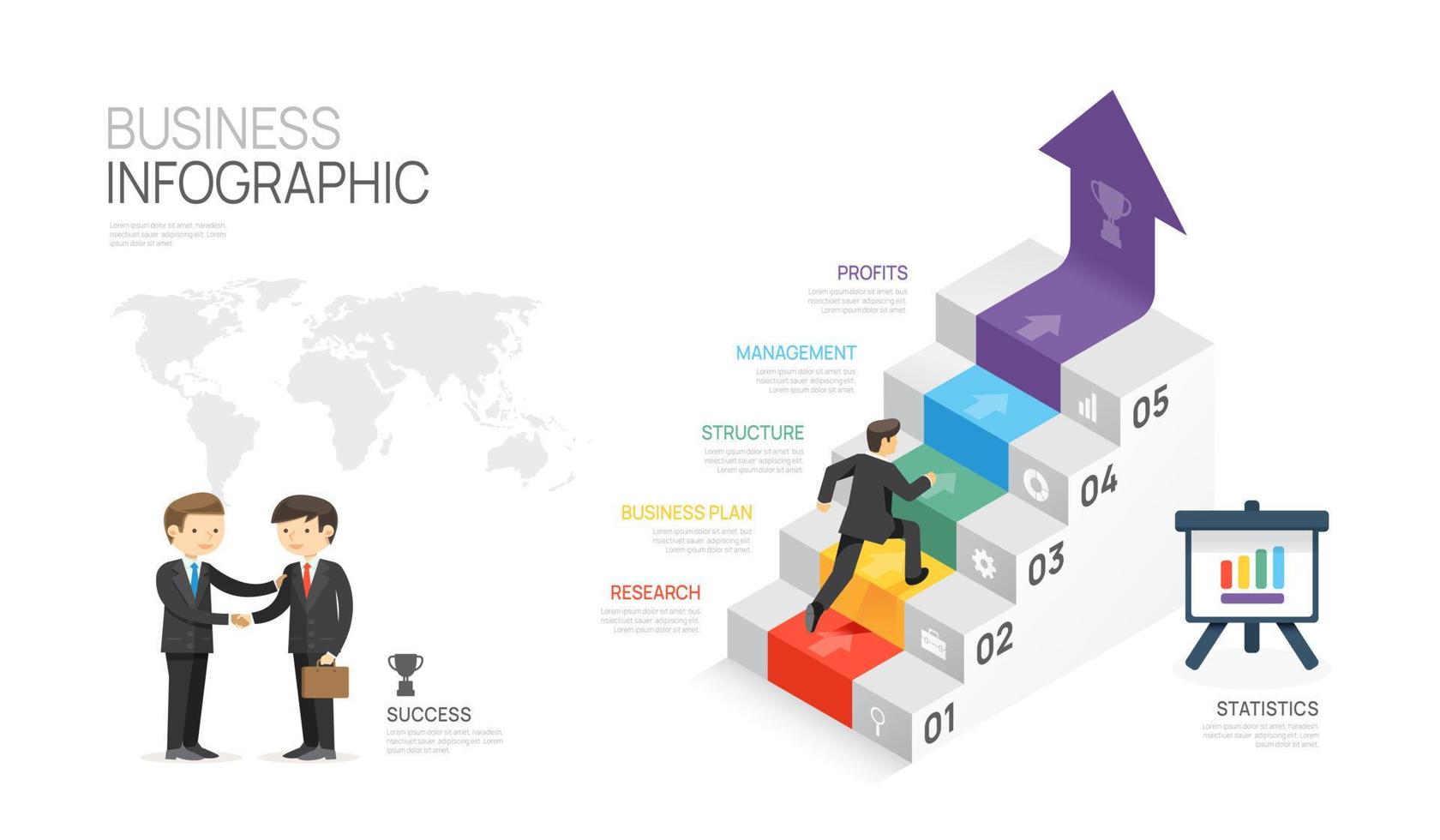 Infographic Modern Stair template for business. 5 steps Timeline, element diagram arrow and topics, presentation vector infographic.