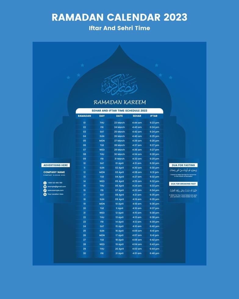 Ramadan calendar iftar and sahri time schedule 2023 vector