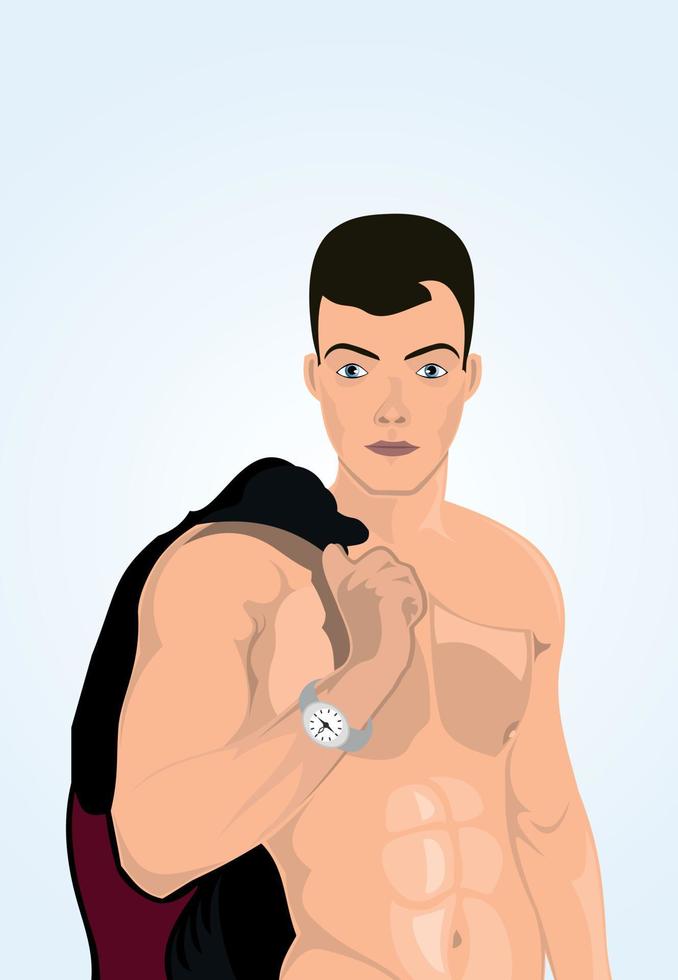 The man with a naked torso, with hours on a hand vector